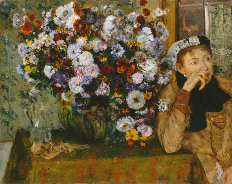 Woman Seated beside a vase of Flowers