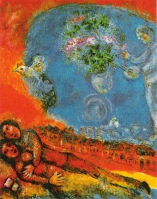 Coppia d'innamorati su sfondo rosso