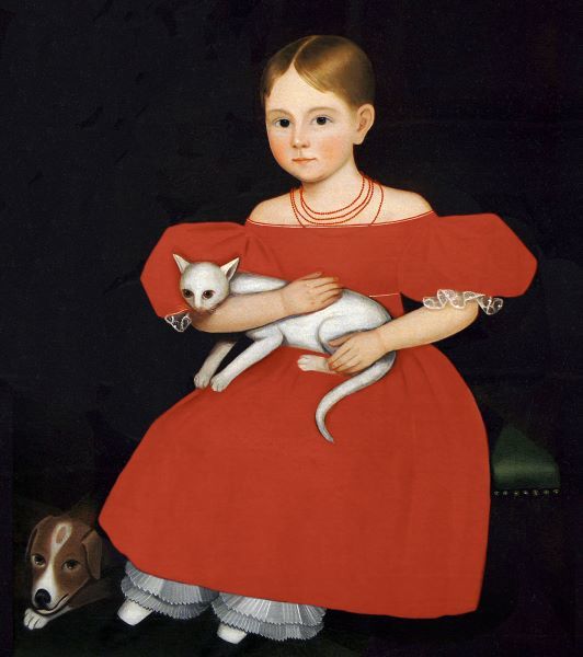 Girl in Red Dress with Cat and Dog, 1830-1835