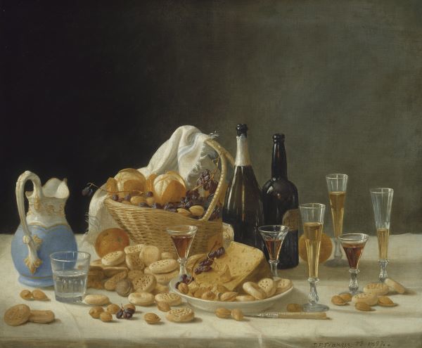 Still Life with Wine Bottles and Basket of Fruit, 1857