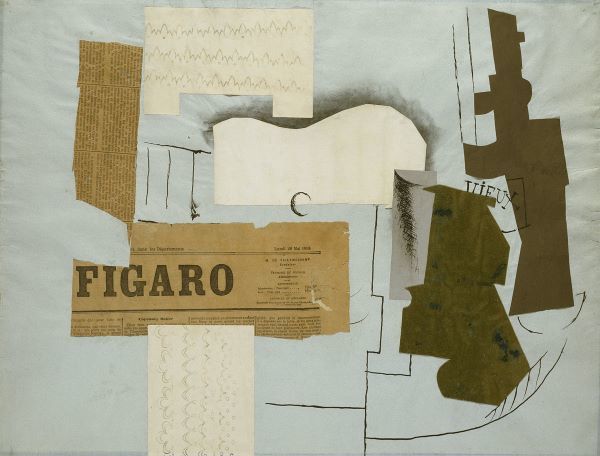 Bottle of Vieux Marc, Glass, Guitar and Newspaper, 1913